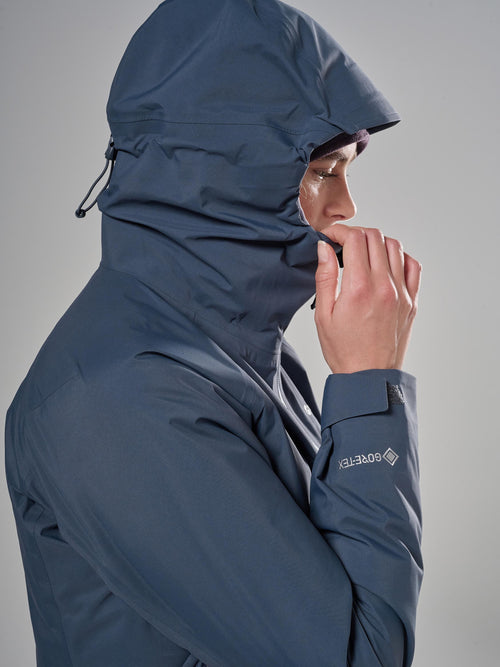 Montane women's Phase Jacket close up profile shot of hood with Gore tex logo on sleeve