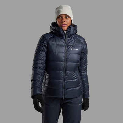 Eclipse Blue Montane Women's Kamen Hooded Down Jacket Model Front