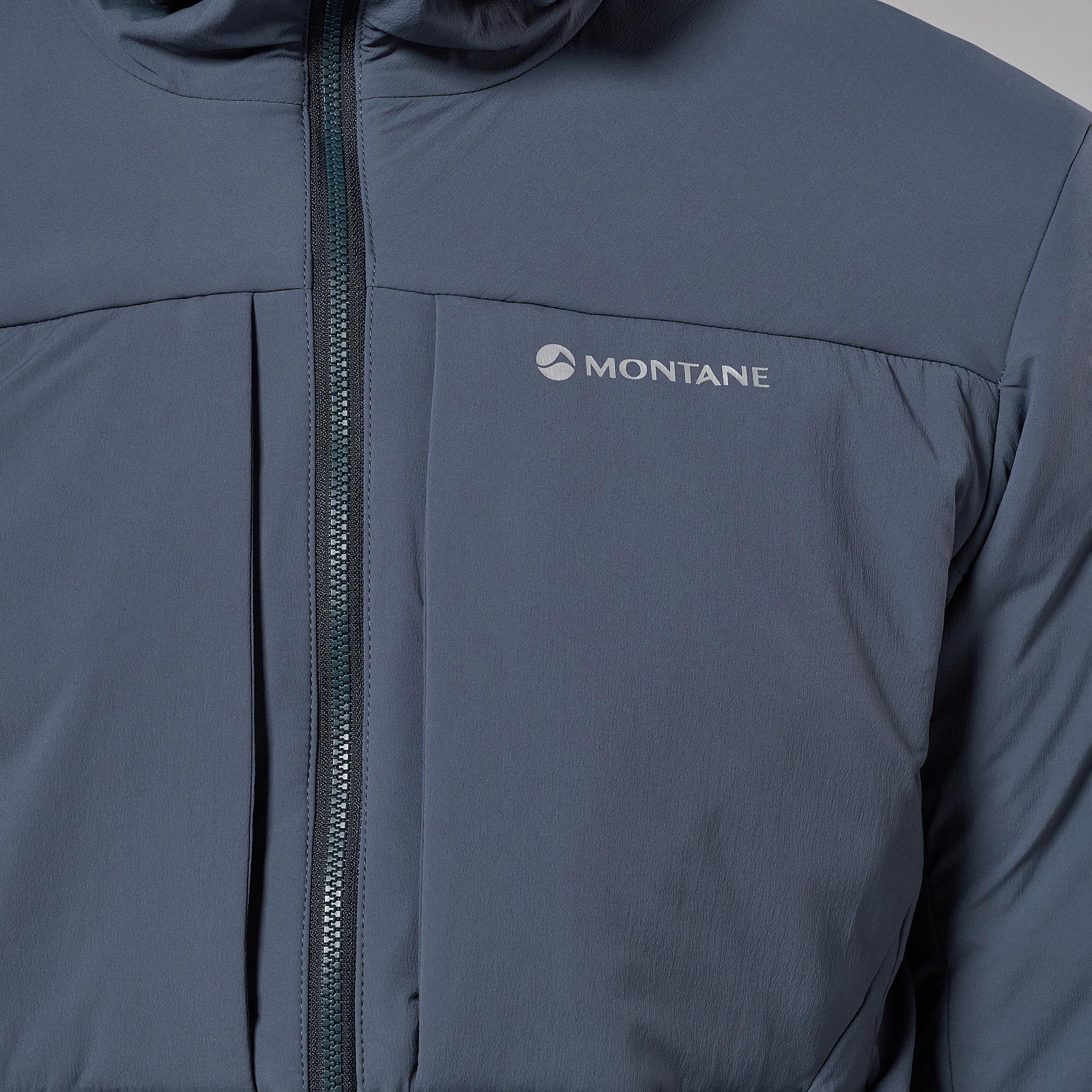 Close-up of a dark slate blue hooded jacket with a front zipper and the white MONTANE logo on the left chest.